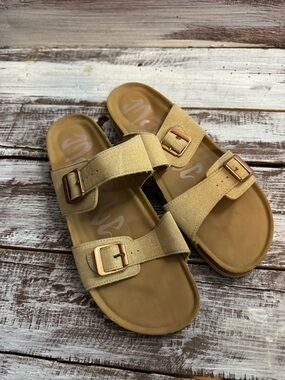 Women's Tan Suede Double-Buckle Slide Sandals